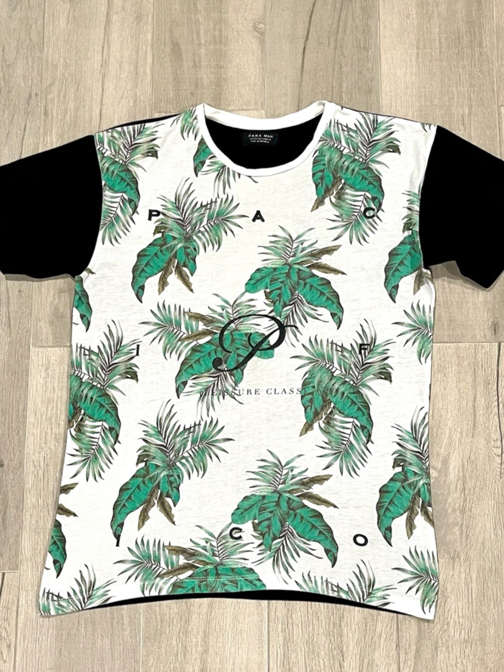 Zara Mens Graphic T-Shirt Tee Short Sleeve Black white Green Size S Man